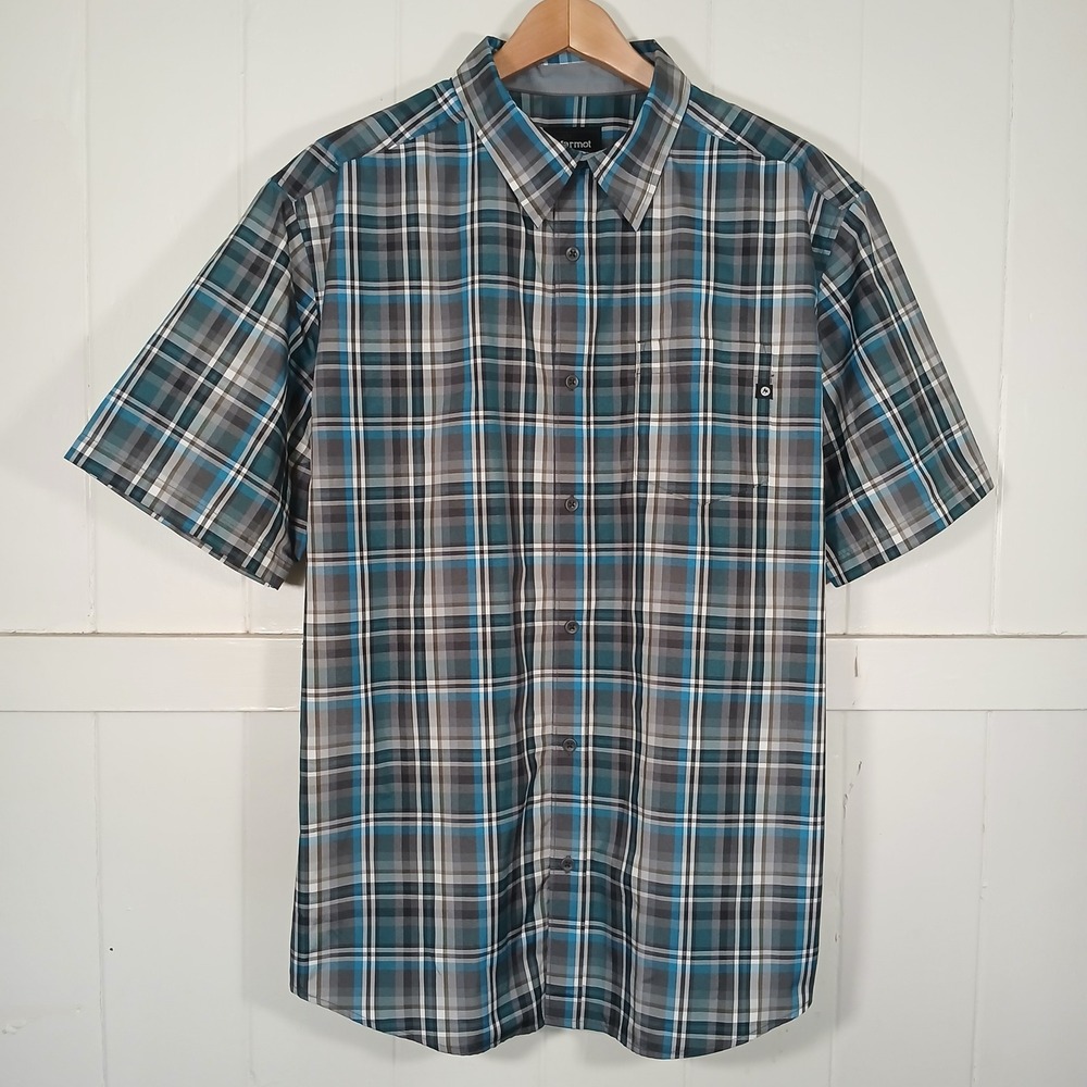 Marmot Button Up Shirt Men XL Blue Grey Plaid Short Sleeve Cotton Outdoor Hiking